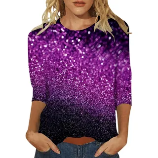 Glitzer Bedruckt Oberteile Damen 3/4 arm Pailletten Drucken Shirt Festlich Elegant Große Größen Blusen Silvester Outfit Rundhals Pullover Party Festliche Top