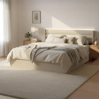 HOME DELUXE LED Bett – Beige, 200 x 200 cm | inkl. LED-Beleuchtung, Stauraum und Lattenrost - Beige