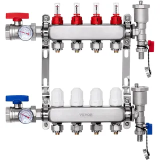 Vevor 4-Zweig-Wärmeverteilungsverteiler 1/2-Zoll-PEX-Rohrverteiler Edelstahl für hydronische Fußbodenheizung