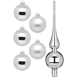 Weihnachtsbaumkugel MAGIC BY INGE "Frosty Silver, Weihnachtsdeko, Christbaumschmuck", bunt (silberfarben, weiß), H:28cm Ø:6cm, Glas, Weihnachtsbaumkugeln, Weihnachtsbaumkugel, Christbaumkugeln aus Glas, 45 Kugeln Ø ca. 4-6 cm, inkl. Spitze 28 cm