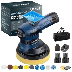 Uaoaii Poliermaschine Auto, BP600B 12V Akku Poliermaschine 6 Zoll mit LCD-Bildschirm, Poliermaschine Marineblau Orbital 8mm mit 6 Variable Geschwindigkeiten 2 x 2,0Ah Akkus für die Autopflege