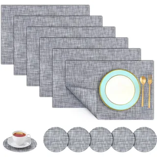 Oamwrae Tischsets und Untersetzer 6er Set, Tischsets Abwaschbar, Hitzebeständige Rechteckige PVC-Platzsets, 45 x 30 cm - Schwarz und Grau