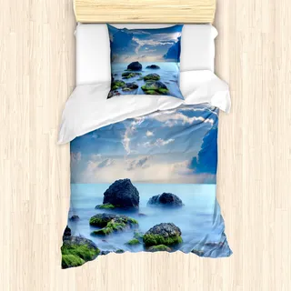 ABAKUHAUS Strand Mantele, Mystische Meer Steine, Milbensicher Allergiker geeignet mit Kissenbezügen, 135 cm x 200 cm - 80 x 80 cm, Blau Hellblau Grün