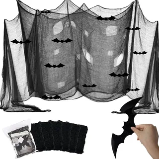 Halloween Deko Gruselig Gaze Stoff Schwarz, 6 Stück Halloween Tuch,183 x 76CM Gruseliger Stoff, Gruseliges Tuch sorgt für mystische Stimmung, Der Fetztenstoff ist für die Türen Hallen Veranden Fenster
