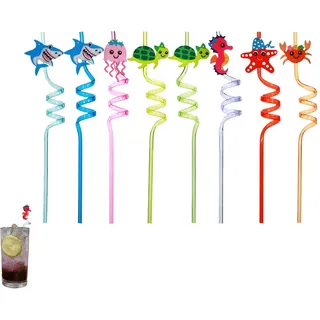 8 Stück Wiederverwendbare Strohhalm Plastik, Meerestier Kunststoff Strohhalm, Trinkhalme für Geburtstag Hochzeit Hawaii Party Deko