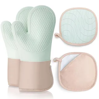 Romon Ofenhandschuhe, Topfhandschuhe Topflappen mit Silikon Handschuh Backofen 4er Set, Hitzebestaendig 350° und Extra Lang Waschbare, Backhandschuhe Kochhandschuhe zum Kochen Backen Grillen, Grün