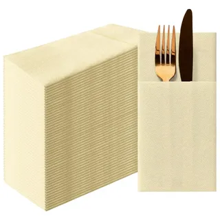 PAW - Besteckservietten aus Airlaid - Stoffähnlich (39 x 40 cm 1/8 falz) | 50 Stück | HoReCa | Ideal für Hochzeit, Taufe, Kommunion, Geburtstag | Serviettentaschen für Besteck | Creme