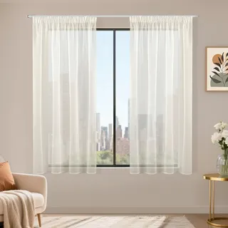 Runyéla Stores Gardinen mit Kräuselband 2er Set, Voile Schiebegardinen 145 x 140 (HxB), Transparent Gardine, Vorhang Beige, Vorhänge für Wohnzimmer Schlafzimmer Sheer Curtain