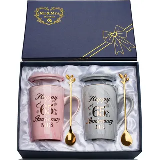 Eiserne Hochzeit Geschenk, Geschenke zum 65 Hochzeitstag, 2PCS Mr Mrs Keramik Marmor Tasse Set 14 Oz, Eiserne Hochzeit Deko Kaffeetassen für Paare, mit Karte, Löffel, Becherdeckel, Geschenkbox