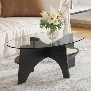Ovaler Beistelltisch 104,9x60 cm – Designertisch aus Sicherheitsglas mit schwarzem MDF-Gestell, fächerförmige Konstruktion, vielseitig einsetzbar als Couchtisch oder Ablagetisch - Schwarz