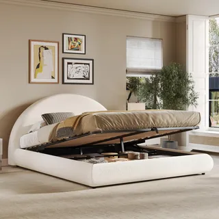 Polsterbett Doppelbett 160 x 200 cm, hydraulisches Funktionsbett mit Lattenrost und gepolstertem Kopfteil, modernes Schlafzimmermöbel in elegantem Weiß Bouclé - Weiß