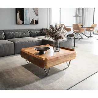 DELIFE Couchtisch Kiano 90x90 cm Akazie Natur 2 Schübe V-Fuß Edelstahl - Hellbraun, Braun