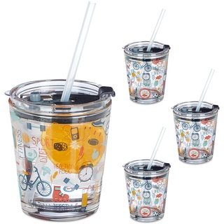 Relaxdays Glasbecher mit Deckel & Strohhalm, 4er Set, mit Sport-Motiv, 350 ml, Trinkgläser transparent