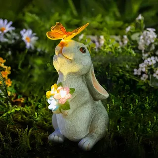 Editbar Solar Kaninchen Figuren Gartendeko für Draußen,Kaninchenlicht Terrassendekoration Osterhase mit Schmetterling,Geeignet für Zimmer im Freien Garten Balkon Terrassendekoration, Ostergeschenk