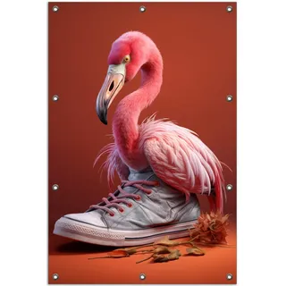Wallario Outdoor-Poster für Garten oder Balkon, Motiv Flamingo im Sneaker, in ca. 80 x 120 cm - Rosa