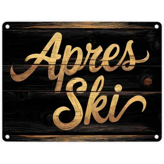 Apres Ski - Party Deko Metallschild in 15x20 cm Rustikales Metallschild in 15x20 cm mit Holzoptik mit charmanten Astlöchern leicht verzogen für warmen Charme