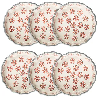 Tranquillo 6er Set Tarteletteform aus Steinzeug mit handgestempeltem Print Grau-Rot RETRO, Ø11 x 3 cm