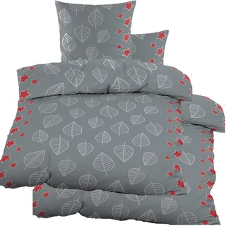 KH-Haushaltshandel 4-TLG. Biber Winter Bettwäsche 2X (135 x 200 + 80x80 cm), Blätter + Sterne, grau rot Silber, 100% Baumwolle