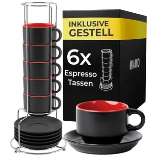 MIAMIO - 6 x 75 ml Espressotassen Set/Espresso Tassen Set mit Untertasse & Ständer - Kaffeetassen Set 6er Kaffeebecher Keramik - Le Papillon Kollektion (Rot)