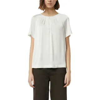 Shirtbluse COMMA, Damen, Gr. 36, ecru, Web, Obermaterial: 95% Polyester, 5% Elasthan, unifarben, normal hüftbedeckend, Rundhals, gerader Abschluss, Blusen Shirtbluse, Sommer-Bluse mit gerafftem Kragen und Cut-out