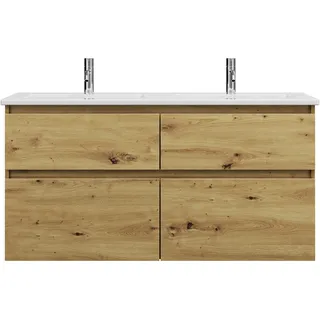 burgbad Lin20 Keramik-Doppelwaschtisch Weiß Glänzend inklusive Waschtischunterschrank, 4 Auszüge, 1230x495x622mm, SGHN123F5353C0001, Farbe: Eiche Dekor Urban