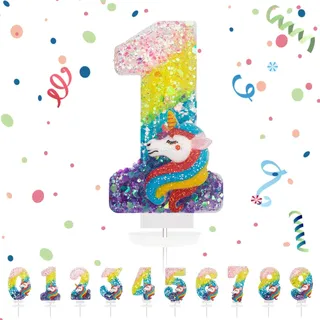 Geburtstagskerzen Zahlen 1,3D Regenbogen Einhorn Geburtstagskerzen,Kerzen Geburtstag Zahl 1, Kuchen Topper Dekoration Kuchendeko Geburtstag, Geburtstagskerzen für Geburtstagsdeko Mädchen Jungen