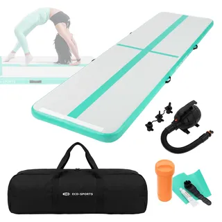 ECD Germany Aufblasbare Gymnastikmatte Turnmatte Airtrack 4m, Grün-Mint H:10 cm, inkl. Tragetasche, Luftpumpe & Flick-Set, Fitnessmatte Tumbling Matte - Grün