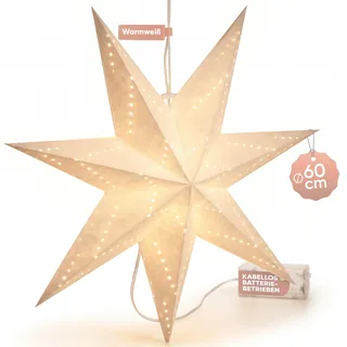 CASARIA® LED Weihnachtsstern Beleuchtet 60 cm Batterie Fenster Innen Weihnachtsdeko Weihnachten Fensterdeko Leuchtstern Dekostern Papierstern Weiß - Weiß