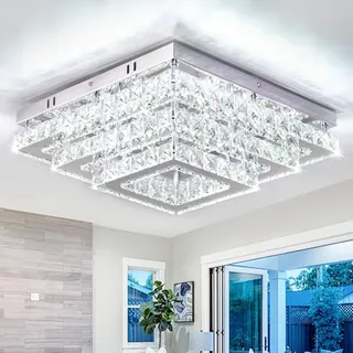 Finktonglan LED Kristall Deckenleuchte – Quadratisch 38cm, Moderne Edelstahl Kronleuchter Lampe 61W, Kaltweiß 6500K, Flush Mount für Wohnzimmer, Schlafzimmer, Esszimmer