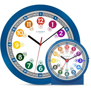 Cander Berlin MNU 1030 J Kinderwanduhr und MNU 1009 J Kinderwecker lautlos blau Lernuhr Wecker Kinder Licht Snooze geräuschlos leise ohne Tickgeräusche analog Wanduhr Kinderzimmer Jungen Mädchen