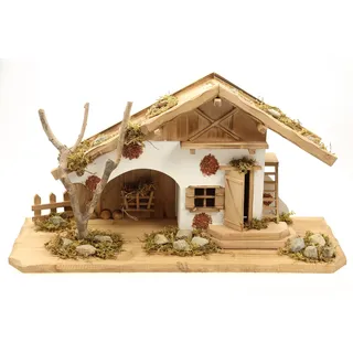ELLUG Holz Krippenstall, Holzkrippe, Weihnachtskrippe 55 * 19 * 28cm (OHNE Krippenfiguren) Krippenstall aus Holz für Figuren bis 15cm Höhe