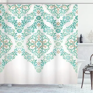 ABAKUHAUS Traditionell Duschvorhang, Vintage Blumen Boho, Stoffliches Gewebe Badezimmerdekorationsset mit Haken, 175 x 200 cm, Grün Tan