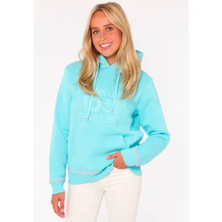 Hoodie ZWILLINGSHERZ "Strandleben Moin", Damen, Gr. L, blau (türkis), Sweatware, Obermaterial: 50% Baumwolle, 50% Polyester, unifarben mit Farbeinsatz, regular fit normal, hoch geschlossener Ausschnitt, angesetztes Bündchen, Sweatshirts Hoodie, mit gesticktem Schriftzug und neonfarbenen Akzenten