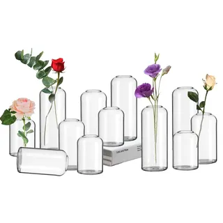 Hewory Kleine Vasen für Tischdeko, 12er Vase Glas Glasvase für Hochzeit | 10/15/18cm, Zylinder Vasen Klein Tischdeko, Modern Vasen Set für Hochzeitsdeko Party Geburtstag Wedding Home Kommunion
