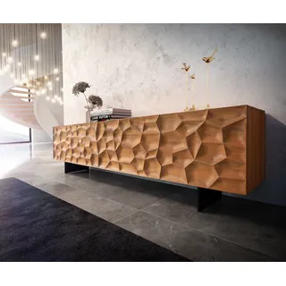 DELIFE Lowboard Solu 220 cm Akazie Natur 2 Türen 4 Schübe Fuß schwebend Metall Schwarz 3D-Front - Braun