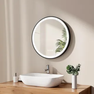 EMKE Runder Badezimmerspiegel, 60 cm, runder Wandspiegel mit Licht, Touch-Schalter und Anti-Beschlag-Funktion, 3 Variable Lichtfarben, schwarzer Rahmen und Verstellbarer Gurt