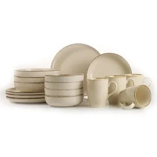 Zimtfarbenes Speiseservice (16-teilig), 100% Porzellan | Enthält 4 Servierteller (24 cm), Teller (20 cm), Schüsseln (15 cm), Becher | Spülmaschinen- und mikrowellengeeignet