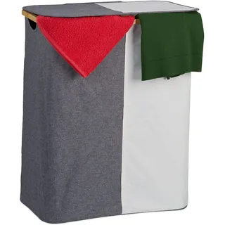 Relaxdays Wäschekorb mit Deckel, 110 l, Wäschesammler 2 Fächer, Bambus & Polyester, tragbar, Wäschesortierer, grau/weiß, 90 10, 65.5x54x33.5 cm