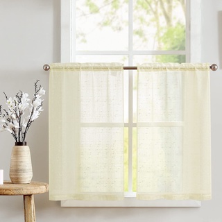 TOPICK Scheibengardinen Transparent Scheibengardine Landhausstil Bistrogardine mit Kreuzmuster Semi Sheer Gardine Kurztores Gaze Fensterschal für Küche Wohnzimmer Landhaus 2er Set 115cm Beige