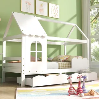 Flieks Hausbett Kinderbett 90x200cm, Kinderbetten mit Fenster und Lattenrost, Einzelbett Holzbett mit 2 Schubladen Massivholzbett, ohne Matratze - Weiß