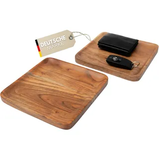 Plogis Holztablett Viereckig aus Akazie - 2er Set 20 x 20 cm Groß/Dekotablett Holz Rechteckig/Holzbrett Schale Deko Tablett Quadratisch Ablage Schreibtisch/Dekoschale