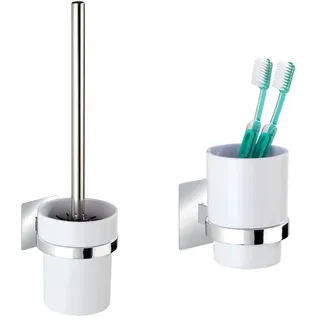 WENKO Turbo-Loc® WC-Garnitur Quadro - WC-Bürstenhalter, 9.5 x 35.5 x 12 cm, Chrom & Turbo-Loc® Zahnputzbecher Quadro - Zahnbürstenhalter für Zahnbürste und Zahnpasta, 7 x 10 x 9.5 cm, Chrom