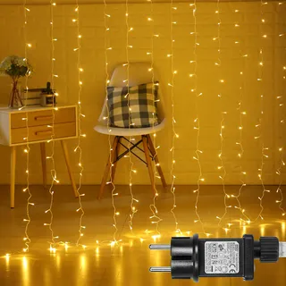 3x3M LED Lichtervorhang Innen Lichterkette Warmweiß 8 Modi Timer 31V Weihnachtsbeleuchtung IP44 Weihnachtsdeko Fenster Balkon Garten - Weiß