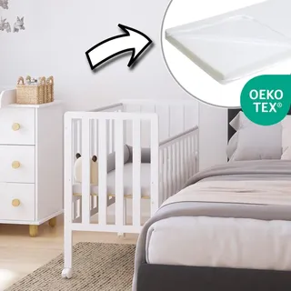 ZEE BAMBI Mint Set Beistellbett Baby mit Rollen + Wickelkommode 3-fach höhenverstellbar Kinder Bett mit Absenkbarer Seite Gitterbett & Kommode - Türkis