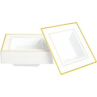 MATANA 20 Weiße Quadratische Plastikschalen mit Goldrand, Suppenteller, Suppenschalen (360ml) - Suppenschüssel für Hochzeiten, Geburtstage, Weihnachten, Partys - Mehrweg & Stabil