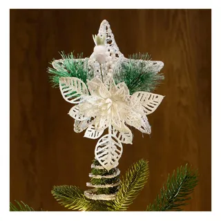 COM-FOUR® Deko Stern Weihnachten, Weihnachtsdekoration Stern aus Metall mit Deko, Aufsteller weißer Weihnachtsstern mit Tannennadel, Blume & Beere (White Floral Star L)