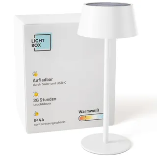 Lightbox LED Außen Tischlampe | Ø 13 cm | kabellose Outdoor Lampe mit Solar | 3 Stufen Touch Dimmer | Akku-betriebene Tischleuchte (4 W, 300 lm, 3000 K) aus Metall/Kunststoff in Weiß | Balkon Deko