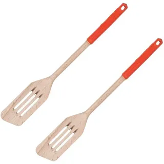 Fackelmann 9301850 Pfannenwender aus Holz mit farbigem Silikongriff, Holzspatel, Pfannenwender, Schlitzwender, Holz, Silikon, Rot, 34 x 4,5 cm