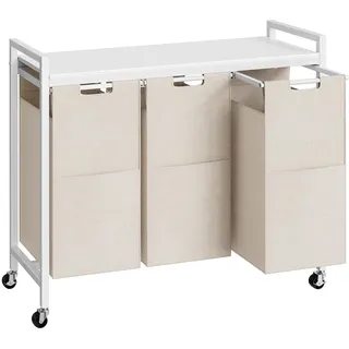 HOOBRO Wäschekorb 3 Fächer, Wäschesammler mit Ablage, Wäschebox, Wäschewagen mit Rollen, 3 x 39,8 L, Wäschesack aus Oxford-Gewebe, Weiß EWG38XY01G1