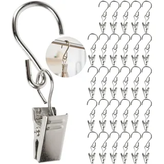 Gardinenklemmen mit S-Haken, 30 Pack, in Silber-Farben, mit Ø 13 mm Haken Öse, 60 mm Lange Gardinenhaken, Vorhang Clips mit S Haken, Gardinen Klammern mit Laufhaken, Mehrzweck Gardinenklammern Stange